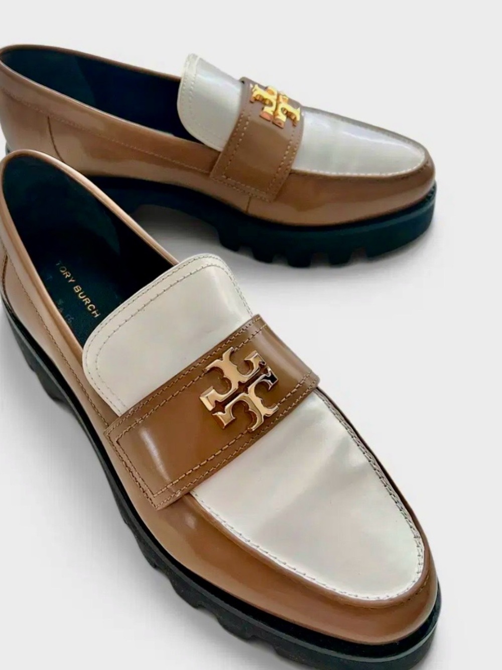 Tory Burch Two-Tone White and Brown Leather Logo Loafers